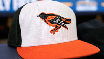 May 19, 2025; Milwaukee, Wisconsin, USA;  General view of a Baltimore Orioles cap during warmups prior to the game against the Milwaukee Brewers at American Family Field.