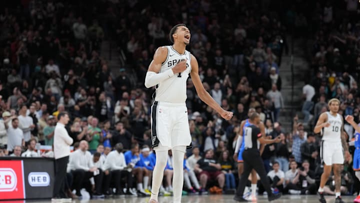 Feb 29, 2024; San Antonio, Texas, USA; San Antonio Spurs center Victor Wembanyama (1) celebrates in the second half against the Oklahoma City Thunder at Frost Bank Center.