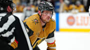 Mar 5, 2025; Las Vegas, Nevada, USA; Vegas Golden Knights center Jack Eichel (9) prepares for a face-off against the Toronto Maple Leafs during the second period at T-Mobile Arena. Mandatory Credit: Stephen R. Sylvanie-Imagn Images