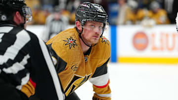 Mar 5, 2025; Las Vegas, Nevada, USA; Vegas Golden Knights center Jack Eichel (9) prepares for a face-off against the Toronto Maple Leafs during the second period at T-Mobile Arena. Mandatory Credit: Stephen R. Sylvanie-Imagn Images