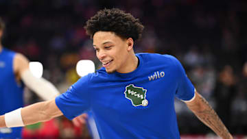 Milwaukee Bucks guard Ryan Rollins warms up before the game against the Philadelphia 76ers at Wells Fargo Center on April 3.