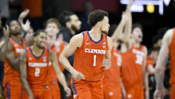 Feb 22, 2025; Dallas, Texas, USA; Clemson Tigers guard Chase Hunter (1) celebrates after he makes a three point shot against the SMU Mustangs during the second half at Moody Coliseum. Mandatory Credit: Jerome Miron-Imagn Images