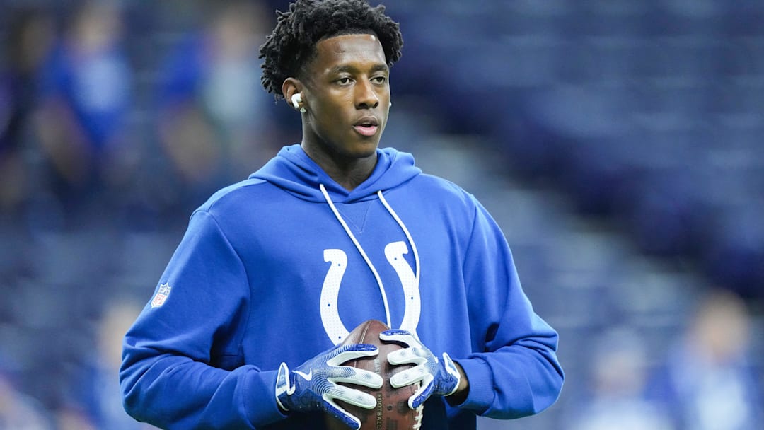 Indianapolis Colts cornerback Sauce Gardner (1) warms-up on the field Sunday, Dec. 28, 2025, ahead of the game against against the Jacksonville Jaguars at Lucas Oil Stadium in Indianapolis.