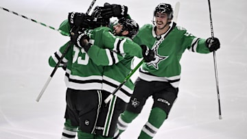 May 17, 2025; Dallas, Texas, USA; Dallas Stars defenseman Thomas Harley (55) and center Tyler Seguin (91) and left wing Mason Marchment (27) celebrates the game winning goal scored by Harley against the Winnipeg Jets during the overtime period in game six of the second round of the 2025 Stanley Cup Playoffs at American Airlines Center. Mandatory Credit: Jerome Miron-Imagn Images