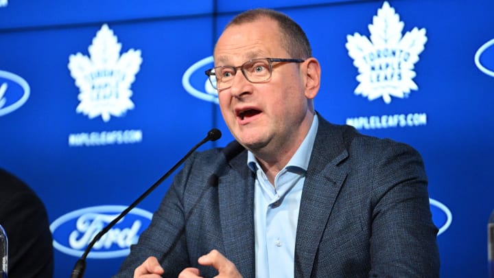 May 21, 2024; Toronto, Ontario, CANADA;  Toronto Maple Leafs general manager Brad Treliving speaks during a media conference to introduce new head coach Craig Berube (not shown)  at Ford Performance Centre. Mandatory Credit: Dan Hamilton-USA TODAY Sports