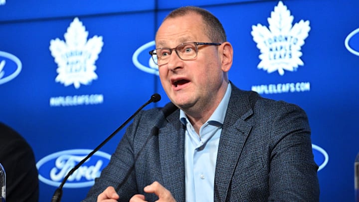 May 21, 2024; Toronto, Ontario, CANADA;  Toronto Maple Leafs general manager Brad Treliving speaks during a media conference to introduce new head coach Craig Berube (not shown)  at Ford Performance Centre. Mandatory Credit: Dan Hamilton-Imagn Images