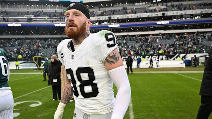 Dec 14, 2025; Philadelphia, Pennsylvania, USA; Las Vegas Raiders defensive end Maxx Crosby (98) on the field after loss to the Philadelphia Eagles at Lincoln Financial Field. Mandatory Credit: Eric Hartline-Imagn Images
