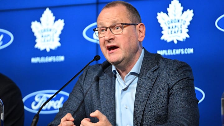 May 21, 2024; Toronto, Ontario, CANADA;  Toronto Maple Leafs general manager Brad Treliving speaks during a media conference to introduce new head coach Craig Berube (not shown)  at Ford Performance Centre. Mandatory Credit: Dan Hamilton-Imagn Images