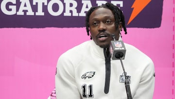 Feb 3, 2025; New Orleans, LA, USA;  Philadelphia Eagles wide receiver A.J. Brown (11) during Super Bowl LIX Opening Night at Ceasars Superdome.
