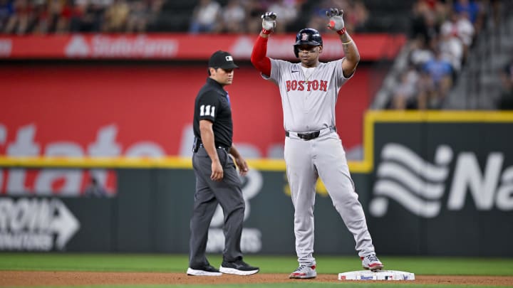 Rafael Devers celebrates a double