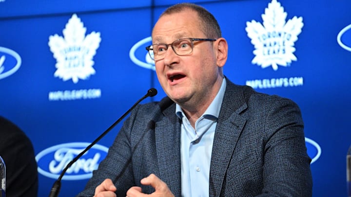 May 21, 2024; Toronto, Ontario, CANADA;  Toronto Maple Leafs general manager Brad Treliving speaks during a media conference to introduce new head coach Craig Berube (not shown)  at Ford Performance Centre. Mandatory Credit: Dan Hamilton-Imagn Images