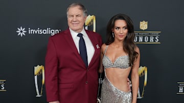 Feb 6, 2025; New Orleans, LA, USA;  Bill Belichick and Jordon Hudson on the red carpet before Super Bowl LIX NFL Honors at Saenger Theatre. Mandatory Credit: Kirby Lee-Imagn Images