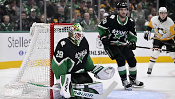 Dec 7, 2025; Dallas, Texas, USA; Dallas Stars goaltender Jake Oettinger (29) and defenseman Kyle Capobianco (20) faces the Pittsburgh Penguins attack during the first period at American Airlines Center. Mandatory Credit: Jerome Miron-Imagn Images