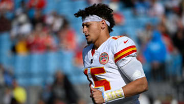 Nov 24, 2024; Charlotte, North Carolina, USA;  Kansas City Chiefs quarterback Patrick Mahomes (15) before the game at Bank of America Stadium. Mandatory Credit: Bob Donnan-Imagn Images