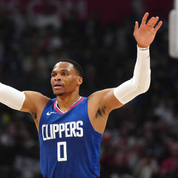 Jan 16, 2024; Los Angeles, California, USA; LA Clippers guard Russell Westbrook (0) reacts against the Oklahoma City Thunder in the first half at Crypto.com Arena. Mandatory Credit: Kirby Lee-USA TODAY Sports