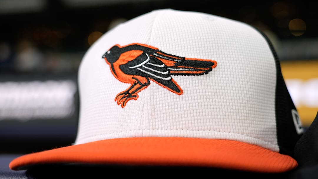 May 19, 2025; Milwaukee, Wisconsin, USA;  General view of a Baltimore Orioles cap during warmups prior to the game against the Milwaukee Brewers at American Family Field. Mandatory Credit: Jeff Hanisch-Imagn Images