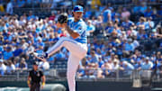 Sep 7, 2025; Kansas City, Missouri, USA; Kansas City Royals starting pitcher Michael Lorenzen (24) delivers a pitch against the Minnesota Twins during the first inning at Kauffman Stadium. Mandatory Credit: Denny Medley-Imagn Images
