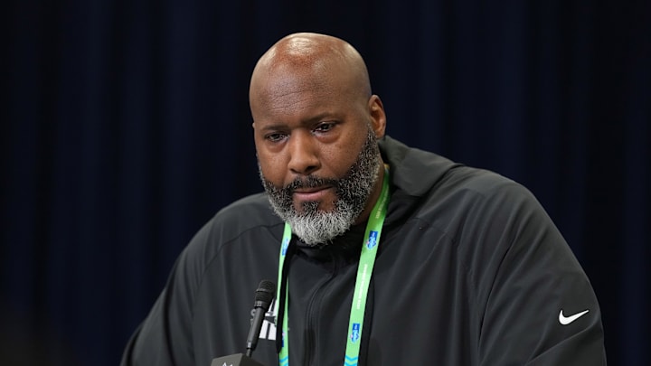Feb 24, 2026; Indianapolis, IN, USA; Detroit Lions general manager Brad Holmes speaks at the NFL Scouting Combine at the Indiana Convention Center. Mandatory Credit: Kirby Lee-Imagn Images