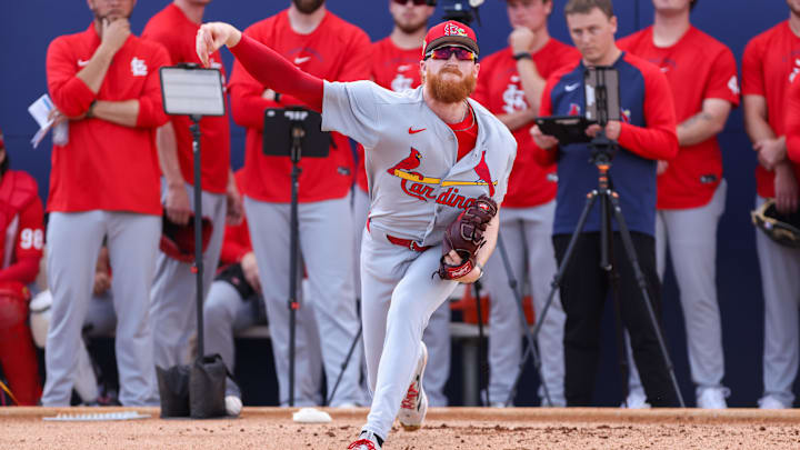 Feb 14, 2026; Jupiter, FL, USA; St. Louis Cardinals starting pitcher Dustin May (3) pitches during spring training at Roger Dean Chevrolet Stadium. Mandatory Credit: Sam Navarro-Imagn Images
