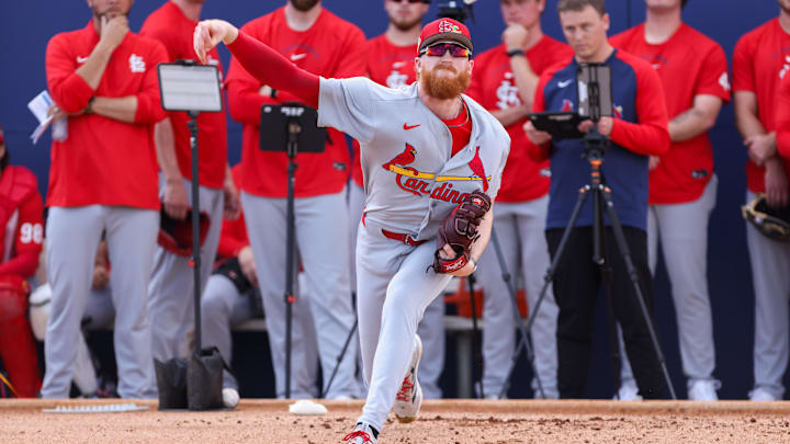 Feb 14, 2026; Jupiter, FL, USA; St. Louis Cardinals starting pitcher Dustin May (3) pitches during spring training at Roger Dean Chevrolet Stadium. Mandatory Credit: Sam Navarro-Imagn Images