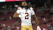 Sep 13, 2025; Stanford, California, USA; Boston College Eagles defensive back KP Price (2) before the game against the Stanford Cardinal at Stanford Stadium. Mandatory Credit: Darren Yamashita-Imagn Images