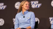 Oct 12, 2022; Charlotte, North Carolina, US; UNC coach Courtney Banghart during the ACC Women s Basketball Tip-Off in Charlotte, NC.  Mandatory Credit: Jim Dedmon-Imagn Images