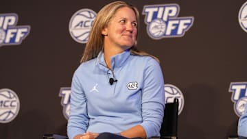 Oct 12, 2022; Charlotte, North Carolina, US; UNC coach Courtney Banghart during the ACC Women s Basketball Tip-Off in Charlotte, NC.  Mandatory Credit: Jim Dedmon-Imagn Images