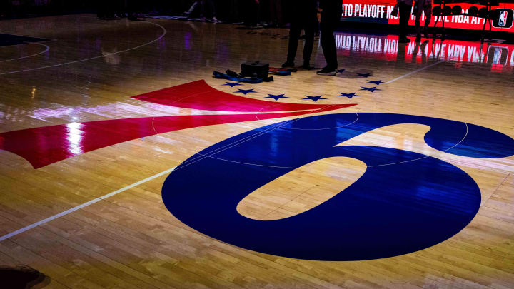 May 11, 2023; Philadelphia, Pennsylvania, USA; General view of center court with the Philadelphia 76ers logo before game six of the 2023 NBA playoffs against the Boston Celtics at Wells Fargo Center. Mandatory Credit: Bill Streicher-USA TODAY Sports