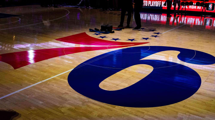 May 11, 2023; Philadelphia, Pennsylvania, USA; General view of center court with the Philadelphia 76ers logo before game six of the 2023 NBA playoffs against the Boston Celtics at Wells Fargo Center. Mandatory Credit: Bill Streicher-USA TODAY Sports