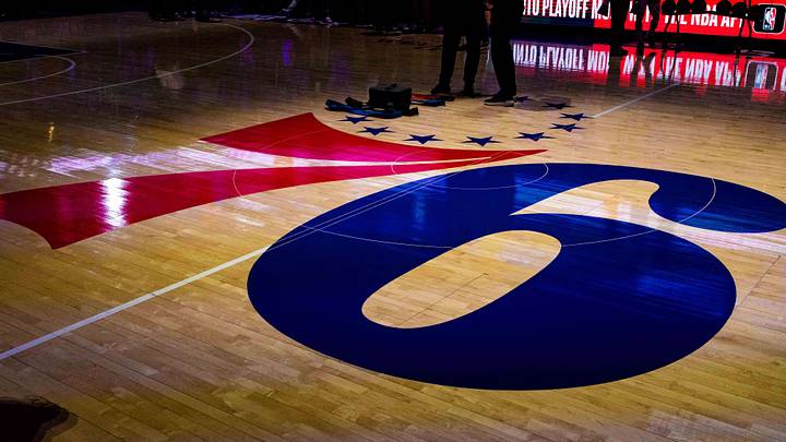 General view of center court with the Philadelphia 76ers logo before game six of the 2023 NBA playoffs against the Boston Celtics at Wells Fargo Center. 