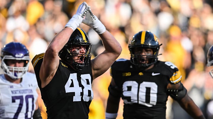Oct 26, 2024; Iowa City, Iowa, USA; Iowa Hawkeyes defensive lineman Max Llewellyn (48) reacts after a safety against the Northwestern Wildcats during the second quarter at Kinnick Stadium. Mandatory Credit: Jeffrey Becker-Imagn Images Oct 26, 2024; Iowa City, Iowa, USA; Iowa Hawkeyes defensive lineman Max Llewellyn (48) reacts after a safety against the Northwestern Wildcats during the second quarter at Kinnick Stadium. Mandatory Credit: Jeffrey Becker-Imagn Images