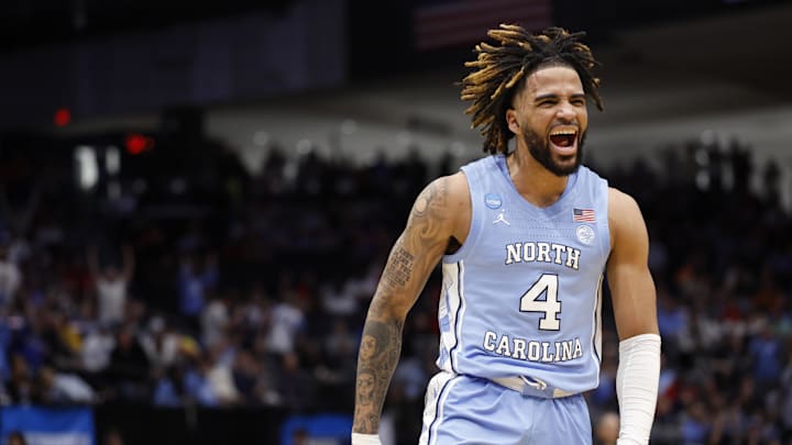 Mar 18, 2025; Dayton, OH, USA; North Carolina Tar Heels guard RJ Davis (4) reacts in the first half against the San Diego State Aztecs at UD Arena. Mandatory Credit: Rick Osentoski-Imagn Images