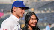 Kansas City Royals first round draft pick Jac Caglianone poses with his sister Samantha Caglianone for photos on the field prior to a game against the Arizona Diamondbacks at Kauffman Stadium in 2024.