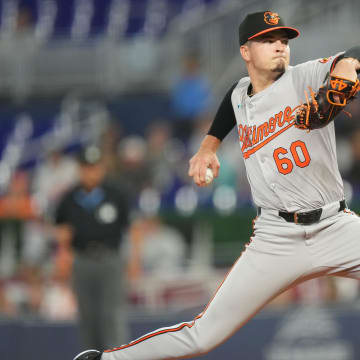 Jul 24, 2024; Miami, Florida, USA;  Baltimore Orioles starting pitcher Chayce McDermott (60) pitches against the Miami Marlins in the first inning at loanDepot Park