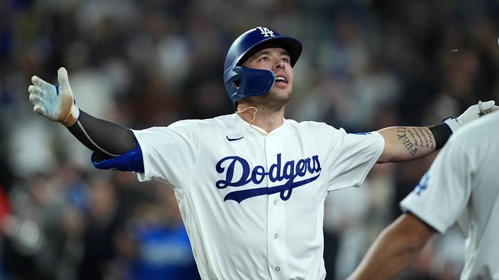 Apr 15, 2026; Los Angeles, California, USA; Los Angeles Dodgers designated hitter Dalton Rushing is showered with sunflower seeds after hitting a grand slam home run in the eighth inning against the New York Mets at Dodger Stadium. Mandatory Credit: Kirby Lee-Imagn Images