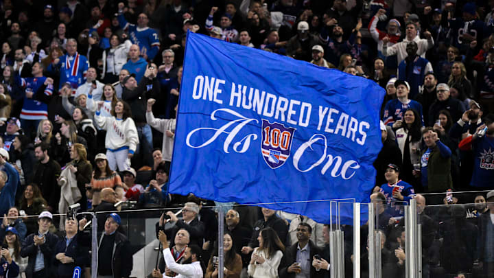 Nov 16, 2025; New York, New York, USA; General view of a flag being waved by New York Rangers staff during the second period against the Detroit Red Wings at Madison Square Garden. 