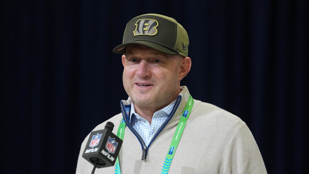 Feb 24, 2026; Indianapolis, IN, USA; Cincinnati Bengals general manager Duke Tobin speaks at the NFL Scouting Combine at the Indiana Convention Center. Mandatory Credit: Kirby Lee-Imagn Images