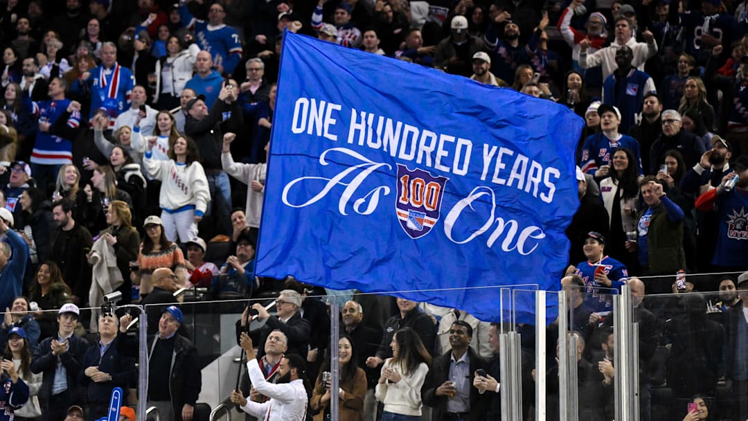 Nov 16, 2025; New York, New York, USA; General view of a flag being waved by New York Rangers staff during the second period against the Detroit Red Wings at Madison Square Garden. 