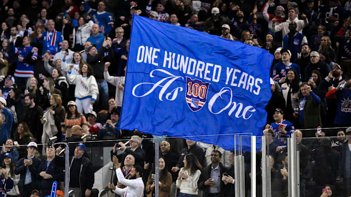 Nov 16, 2025; New York, New York, USA; General view of a flag being waved by New York Rangers staff during the second period against the Detroit Red Wings at Madison Square Garden. Nov 16, 2025; New York, New York, USA; General view of a flag being waved by New York Rangers staff during the second period against the Detroit Red Wings at Madison Square Garden.