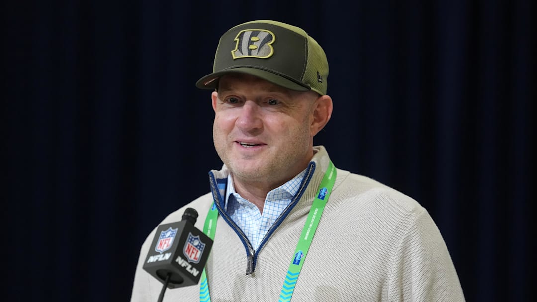 Feb 24, 2026; Indianapolis, IN, USA; Cincinnati Bengals general manager Duke Tobin speaks at the NFL Scouting Combine at the Indiana Convention Center. Mandatory Credit: Kirby Lee-Imagn Images