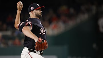 Aug 19, 2025; Washington, District of Columbia, USA; Washington Nationals relief pitcher Konnor Pilkington (45) pitches against the New York Mets during the seventh inning at Nationals Park.