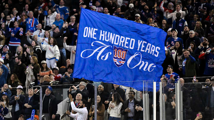 Nov 16, 2025; New York, New York, USA; General view of a flag being waved by New York Rangers staff during the second period against the Detroit Red Wings at Madison Square Garden.