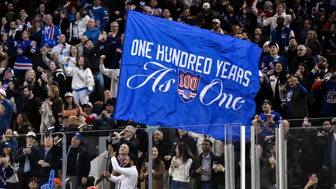 Nov 16, 2025; New York, New York, USA; General view of a flag being waved by New York Rangers staff during the second period against the Detroit Red Wings at Madison Square Garden.