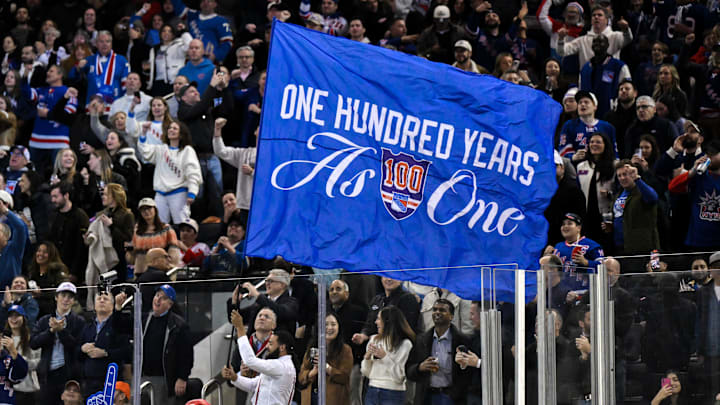 Nov 16, 2025; New York, New York, USA; General view of a flag being waved by New York Rangers staff during the second period against the Detroit Red Wings at Madison Square Garden. Nov 16, 2025; New York, New York, USA; General view of a flag being waved by New York Rangers staff during the second period against the Detroit Red Wings at Madison Square Garden.