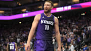 Apr 11, 2025; Sacramento, California, USA; Sacramento Kings forward Domantas Sabonis (11) during the fourth quarter against the Los Angeles Clippers at Golden 1 Center. Mandatory Credit: Darren Yamashita-Imagn Images