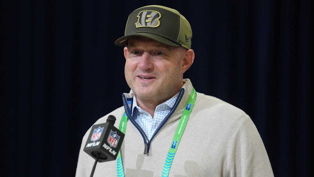 Feb 24, 2026; Indianapolis, IN, USA; Cincinnati Bengals general manager Duke Tobin speaks at the NFL Scouting Combine at the Indiana Convention Center. Mandatory Credit: Kirby Lee-Imagn Images