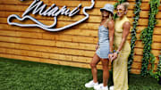 Athletes and influencers Hanna Cavinder and Haley Cavinder poses before the Miami Grand Prix.