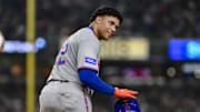 May 16, 2025; Bronx, New York, USA; New York Mets outfielder Juan Soto (22) reacts after walking for the third time in the game during the fifth inning against the New York Yankees at Yankee Stadium. Mandatory Credit: John Jones-Imagn Images