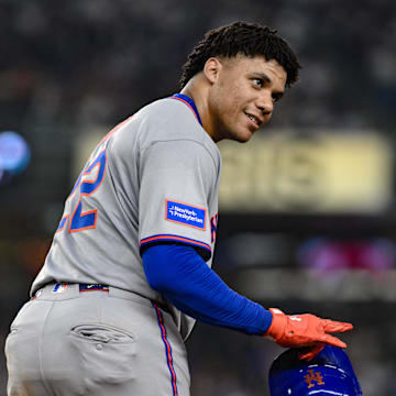 May 16, 2025; Bronx, New York, USA; New York Mets outfielder Juan Soto (22) reacts after walking for the third time in the game during the fifth inning against the New York Yankees at Yankee Stadium. Mandatory Credit: John Jones-Imagn Images