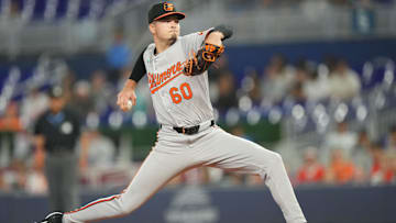 Jul 24, 2024; Miami, Florida, USA;  Baltimore Orioles starting pitcher Chayce McDermott (60) pitches against the Miami Marlins in the first inning at loanDepot Park.